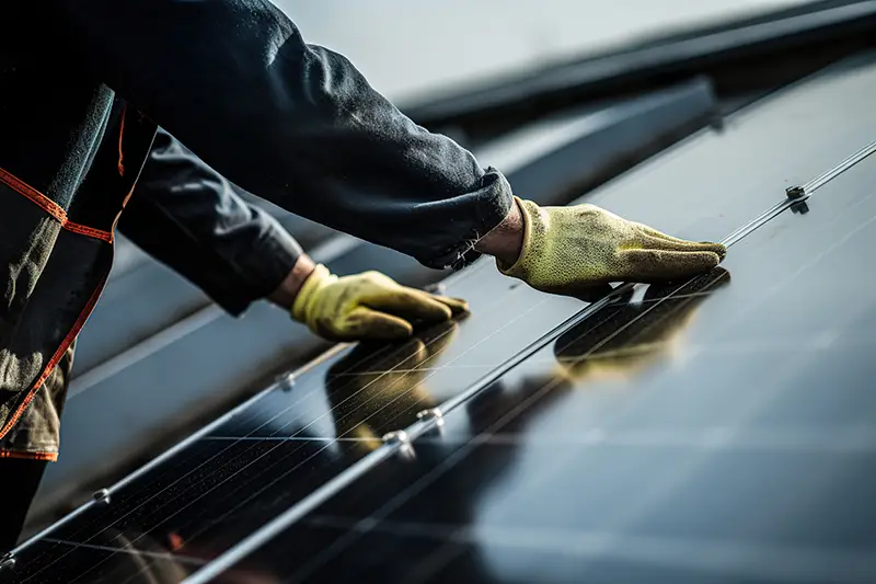 Worker with gloves assembling a solar panel