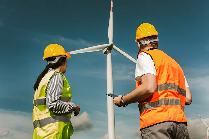 Wind farm worker and apprentice looking toward a turbine